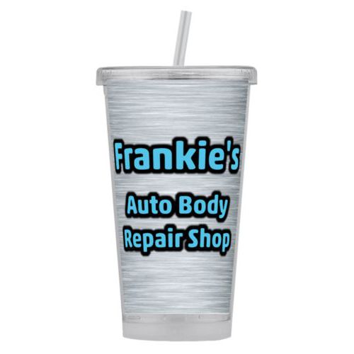 Personalized tumbler personalized with steel industrial pattern and the saying "Frankie's Auto Body Repair Shop"