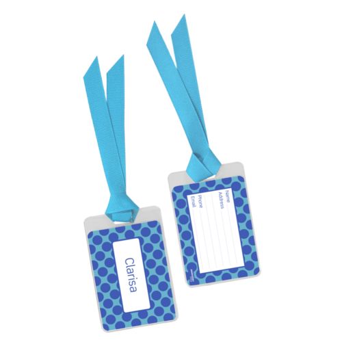 Personalized bag tag personalized with dots pattern and name in black and serenity blue