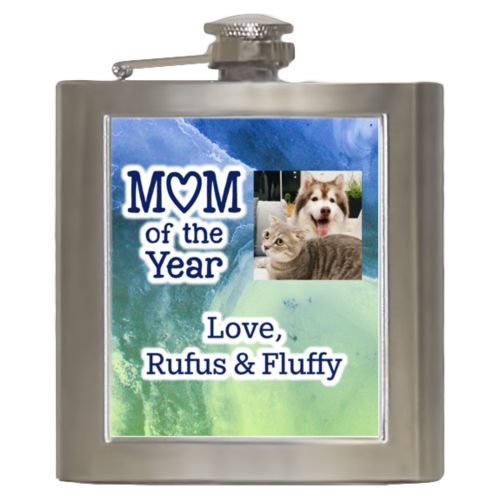 Personalized 6oz flask personalized with ombre quartz pattern and photo and the sayings "Mom of the Year" and "Love, Rufus & Fluffy"