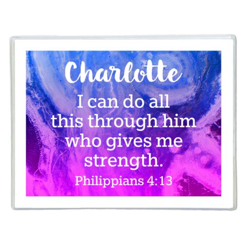 Personalized note cards personalized with ombre amethyst pattern and the saying "Charlotte I can do all this through him who gives me strength. Philippians 4:13"