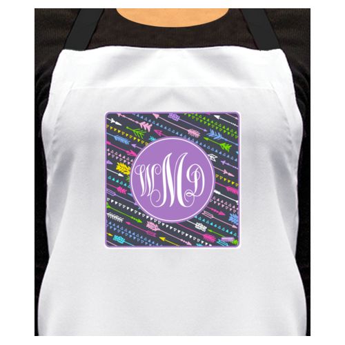 Personalized apron personalized with arrows pattern and monogram in purple powder