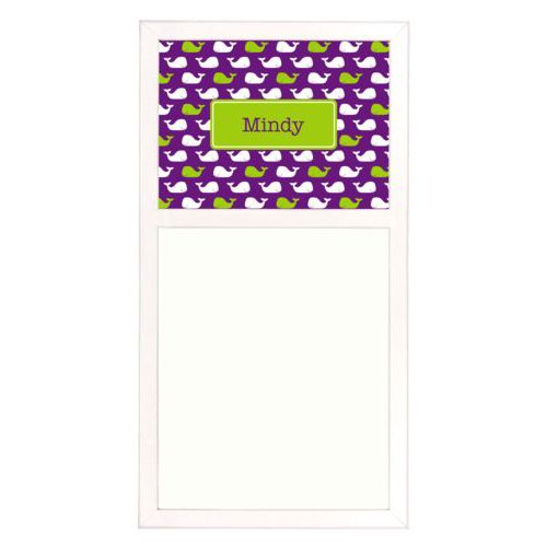 Personalized white board personalized with whales pattern and name in orchid and juicy green