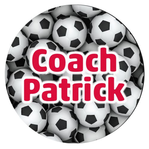 Personalized coaster personalized with soccer balls pattern and the saying "Coach Patrick"