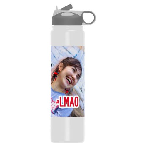 Custom bottle personalized with photo and the saying "#lmao"