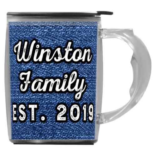 Custom mug with handle personalized with denim industrial pattern and the saying "Winston Family Est. 2019"