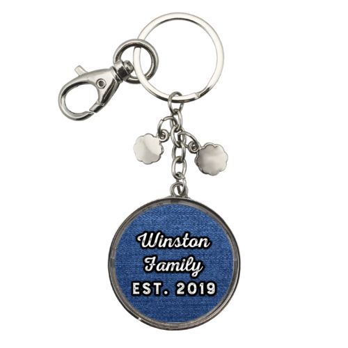 Personalized keychain personalized with denim industrial pattern and the saying "Winston Family Est. 2019"