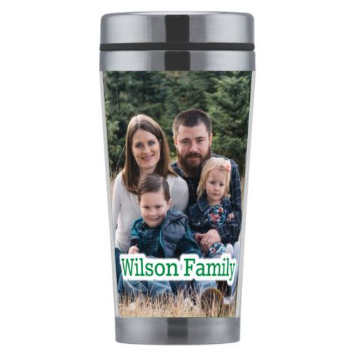 Personalized coffee mug personalized with photo and the saying "Wilson Family"