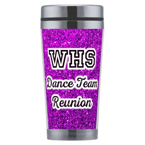 Personalized coffee mug personalized with fuchsia glitter pattern and the saying "WHS Dance Team Reunion"