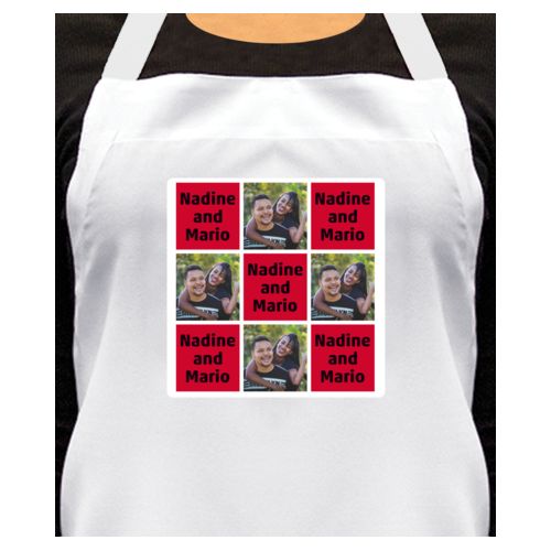 Personalized apron personalized with a photo and the saying "Nadine and Mario" in black and apple red