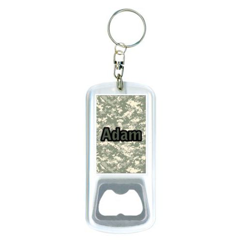 Personalized bottle opener personalized with army camo pattern and the saying "Adam"