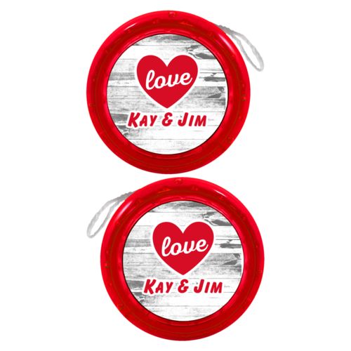 Personalized yoyo personalized with white rustic pattern and the sayings "love" and "Kay & Jim"