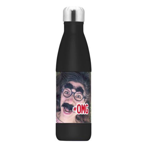 Personalized steel water bottle personalized with photo and the saying "#omg"