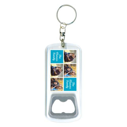Personalized bottle opener personalized with photos and the saying "The Marcos Family" in juicy blue and white
