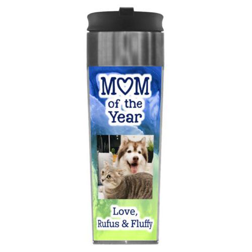 Personalized steel mug personalized with ombre quartz pattern and photo and the sayings "Mom of the Year" and "Love, Rufus & Fluffy"