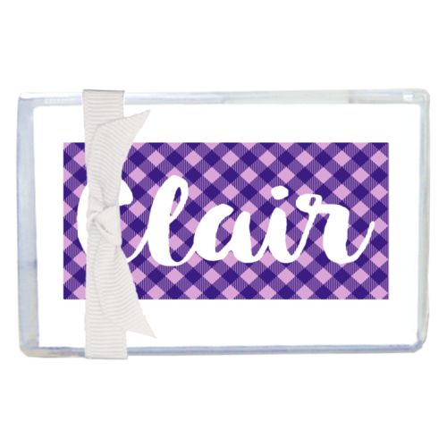 Personalized enclosure cards personalized with check pattern and the saying "Clair"