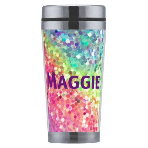 Personalized coffee mug personalized with glitter pattern and the saying "Maggie"