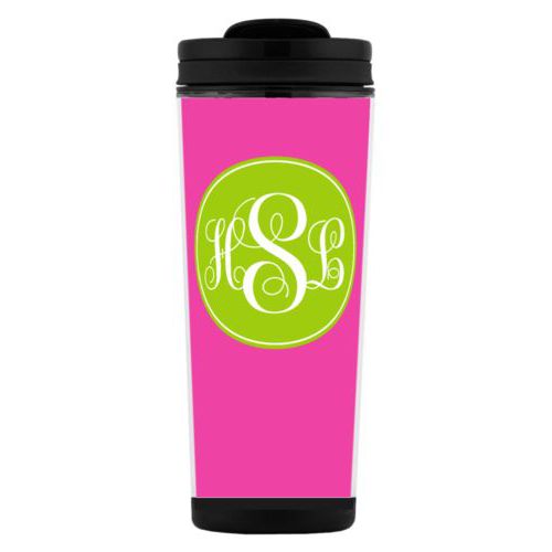 Custom tall coffee mug personalized with concaved pattern and monogram in juicy green and juicy pink