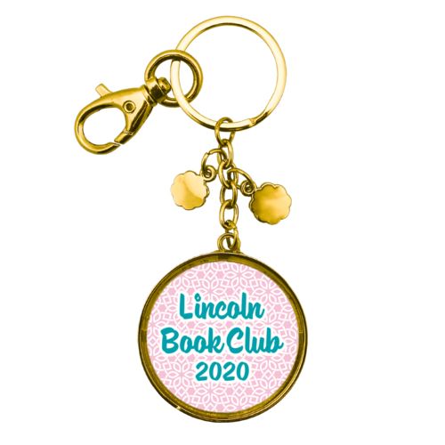 Personalized metal keychain personalized with lattice pattern and the saying "Lincoln Book Club 2020"