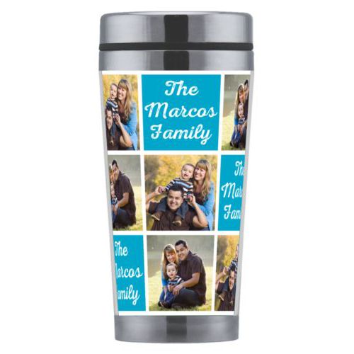 Personalized coffee mug personalized with photos and the saying "The Marcos Family" in juicy blue and white