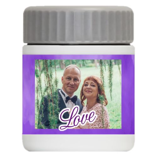 Personalized 12oz food jar personalized with purple cloud pattern and photo and the saying "love"