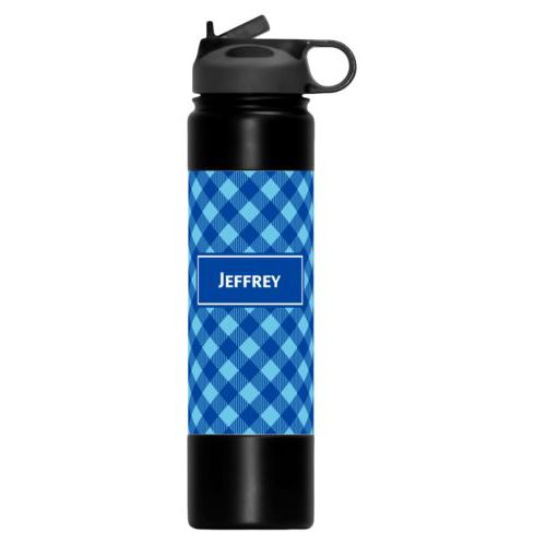 Personalized water bottle personalized with check pattern and name in ultramarine