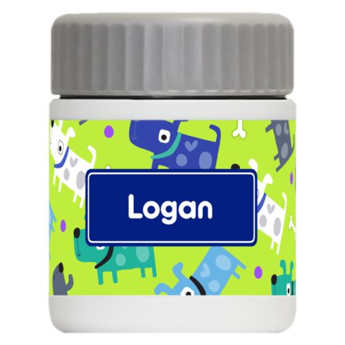 Personalized 12oz food jar personalized with puppies pattern and name in marine