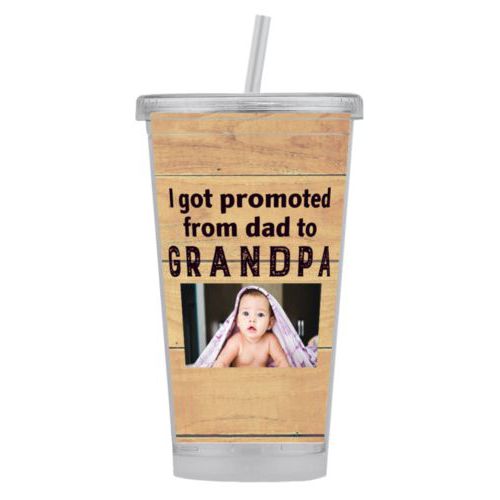 Personalized tumbler personalized with natural wood pattern and photo and the saying "I got promoted from dad to grandpa"
