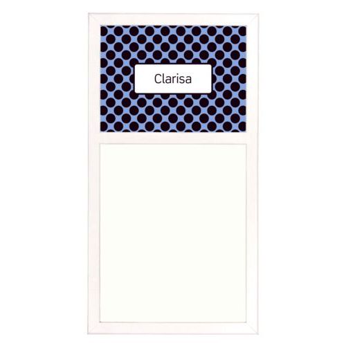 Personalized white board personalized with dots pattern and name in black and serenity blue