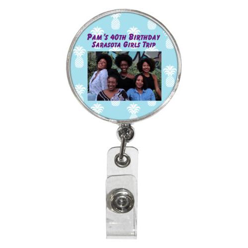 Personalized badge reel personalized with welcome pattern and photo and the saying "Pam's 40th Birthday Sarasota Girls Trip"