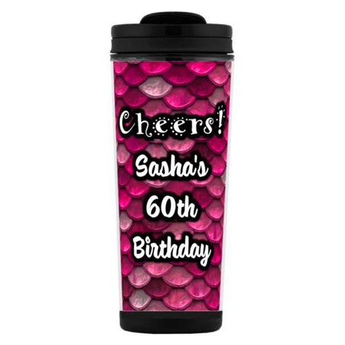 Custom tall coffee mug personalized with pink mermaid pattern and the saying "Cheers! Sasha's 60th Birthday"