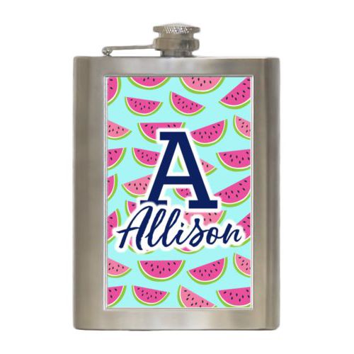 Personalized 8oz flask personalized with fruit watermelon pattern and the sayings "A" and "Allison"