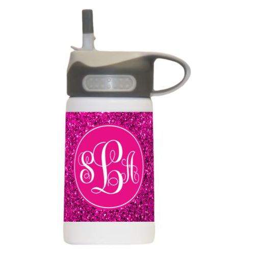 Personalized water bottle for kids personalized with pink glitter pattern and monogram in bright pink