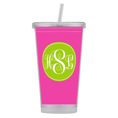 Personalized tumbler personalized with concaved pattern and monogram in juicy green and juicy pink