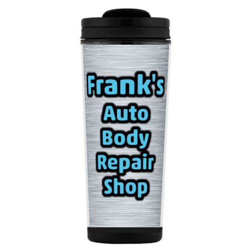 Custom tall coffee mug personalized with steel industrial pattern and the saying "Frank's Auto Body Repair Shop"