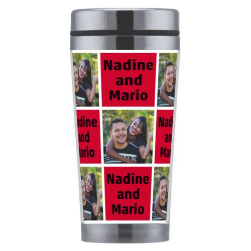 Personalized coffee mug personalized with a photo and the saying "Nadine and Mario" in black and apple red