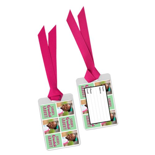 Personalized bag tag personalized with a photo and the saying "World's Greatest Grammy" in pomegranate and spearmint