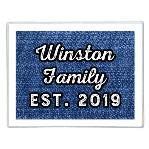 Personalized note cards personalized with denim industrial pattern and the saying "Winston Family Est. 2019"
