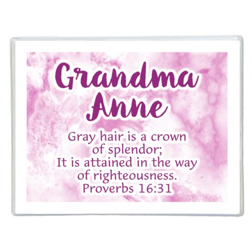 Personalized note cards personalized with pink marble pattern and the saying "Grandma Anne Gray hair is a crown of splendor; It is attained in the way of righteousness. Proverbs 16:31"