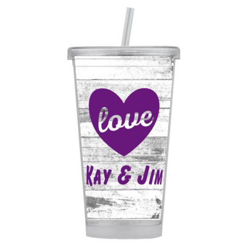 Personalized tumbler personalized with white rustic pattern and the sayings "love" and "Kay & Jim"