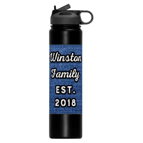 Sweat proof water bottle personalized with denim industrial pattern and the saying "Winston Family Est. 2018"