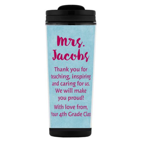 Custom tall coffee mug personalized with teal chalk pattern and the saying "Mrs. Jacobs Thank you for teaching, inspiring and caring for us. We will make you proud! With love from, Your 4th Grade Class"