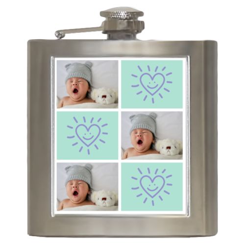 Personalized 6oz flask personalized with a photo and the saying "Smiling Heart" in easter purple and mint
