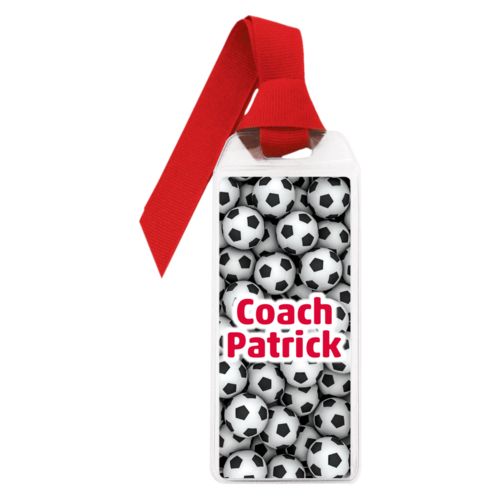 Personalized book mark personalized with soccer balls pattern and the saying "Coach Patrick"