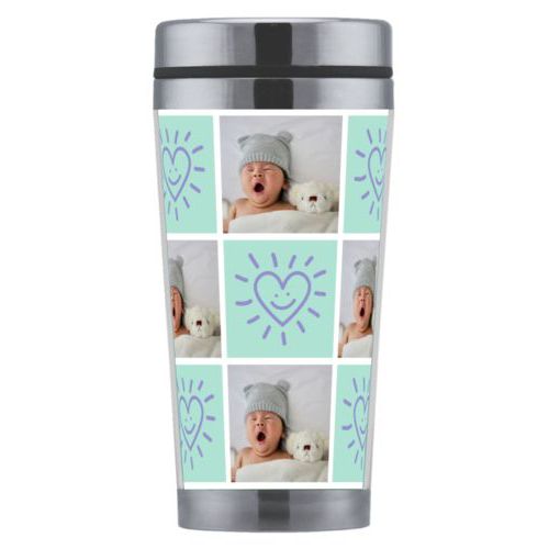 Personalized coffee mug personalized with a photo and the saying "Smiling Heart" in easter purple and mint