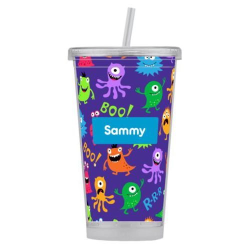 Personalized tumbler personalized with monsters pattern and name in caribbean blue