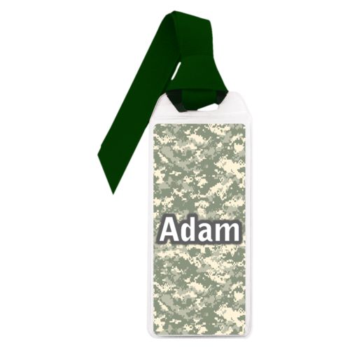 Personalized book mark personalized with army camo pattern and the saying "Adam"