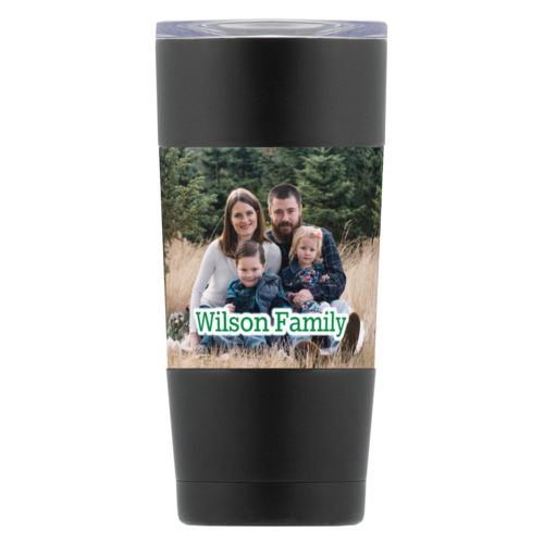 Personalized insulated steel mug personalized with photo and the saying "Wilson Family"