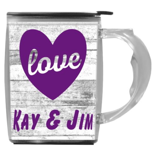 Custom mug with handle personalized with white rustic pattern and the sayings "love" and "Kay & Jim"
