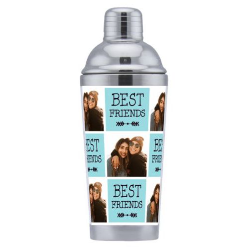Cocktail shaker personalized with a photo and the saying "Best Friends" in black and robin's shell