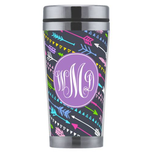 Personalized coffee mug personalized with arrows pattern and monogram in purple powder